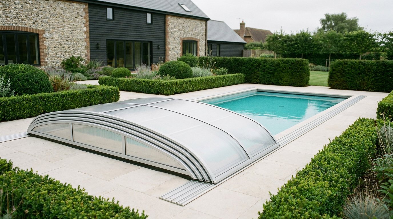 A low-profile telescopic pool cover slid back to one end of a garden pool