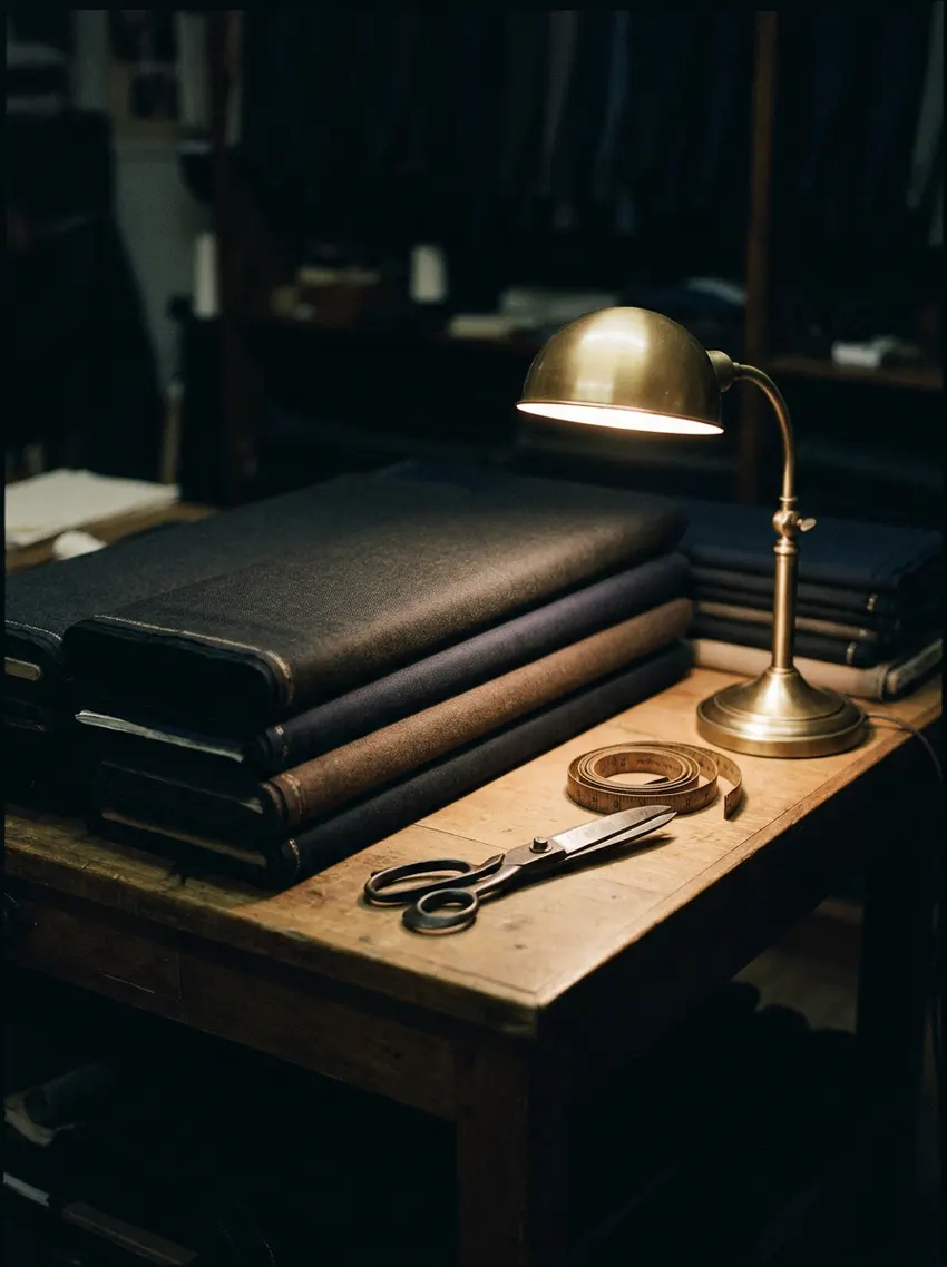 Bolts of dark suiting cloth, tailor's shears and a tape measure on a workbench