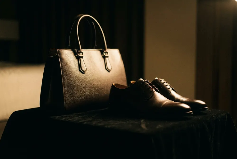 A leather bag and polished shoes arranged on black velvet