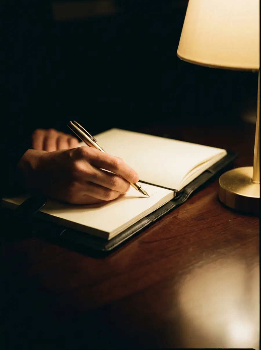 A hand writing in a leather notebook by lamplight