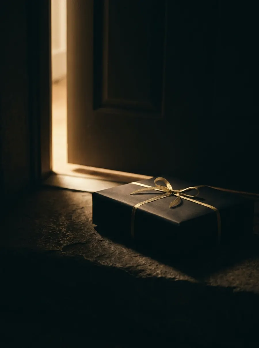 A black parcel tied with gold ribbon on a dark threshold