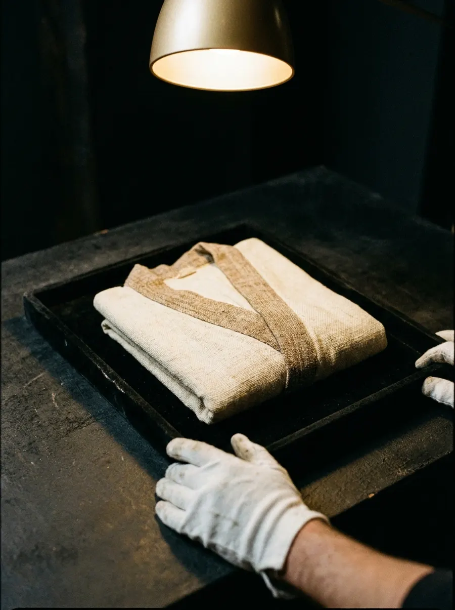 A folded garment presented on a black velvet tray