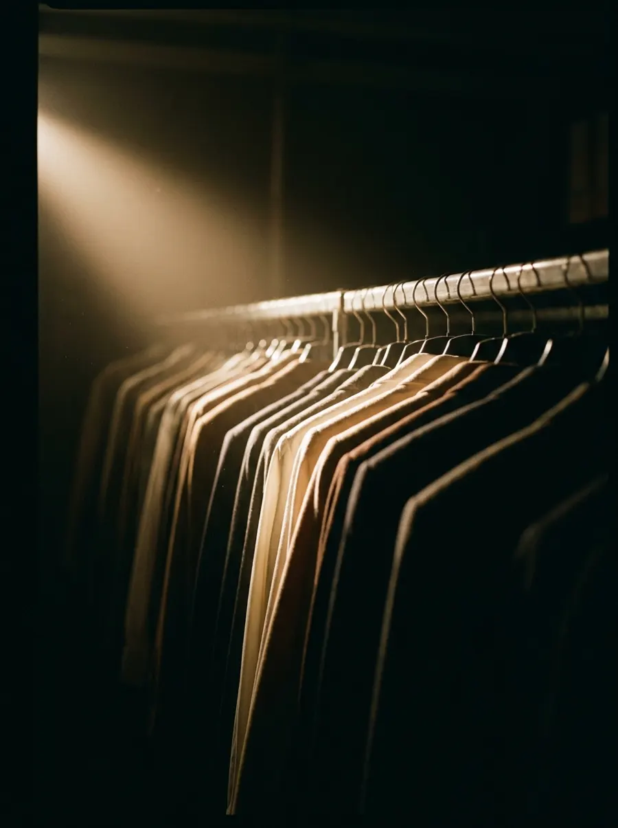 A long rail of garments receding into a dark archive