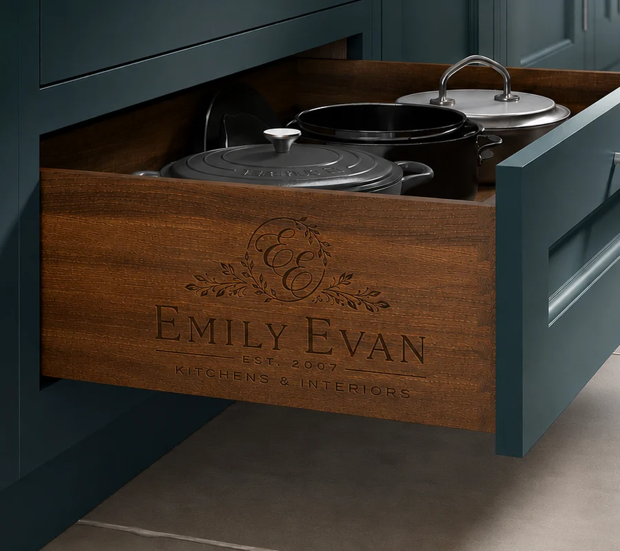 Solid walnut dovetail drawer box with the Emily Evan logo engraved into its side
