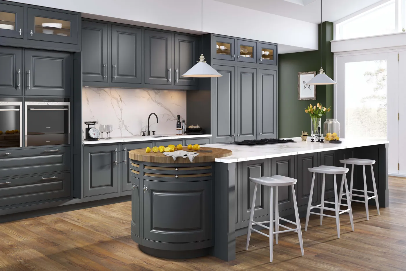 Traditional in-frame kitchen in slate grey with marble worktops