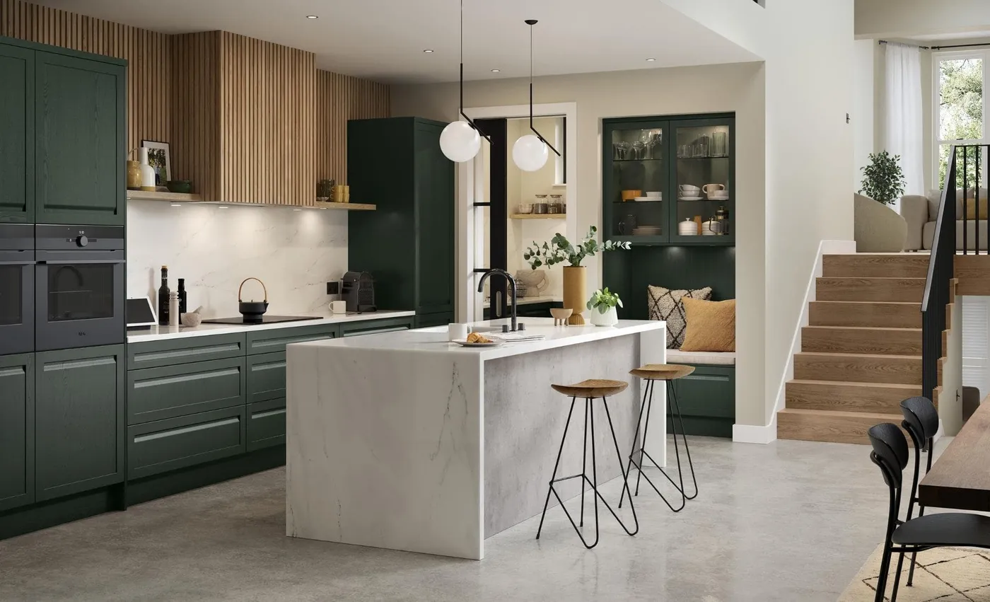 Contemporary kitchen in deep green with oak slats and a marble island