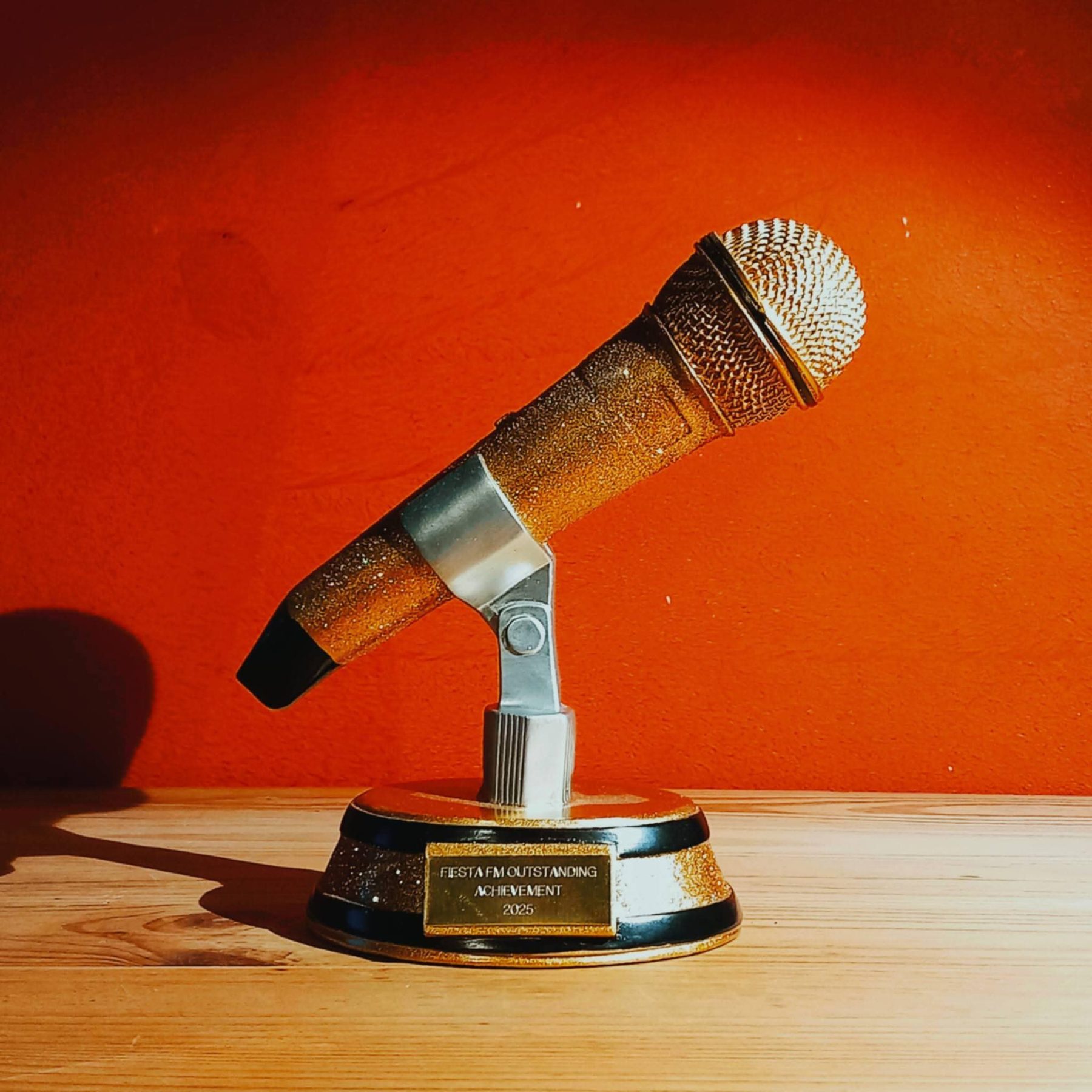 Fiesta 95 FM Outstanding Achievement Award, a gold microphone trophy
