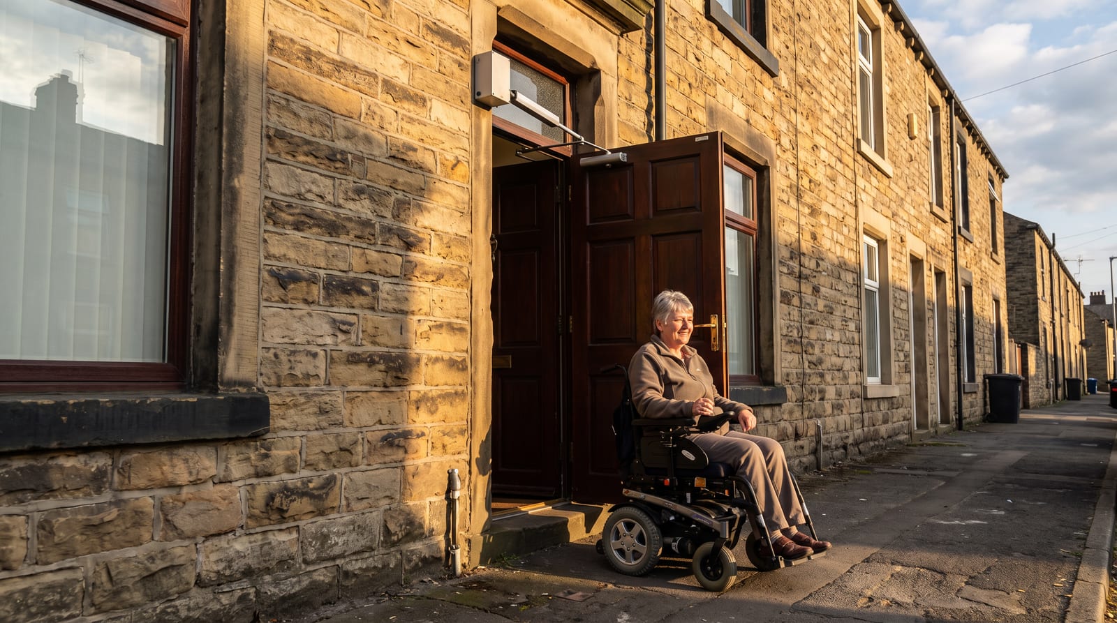 A powered opener on the front door of a stone terraced house, a woman in a wheelchair coming out into evening sun