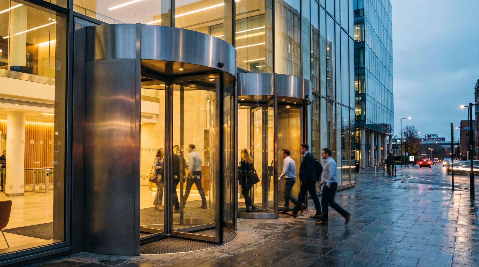 A large glass and steel revolving door at a Manchester office entrance at dusk