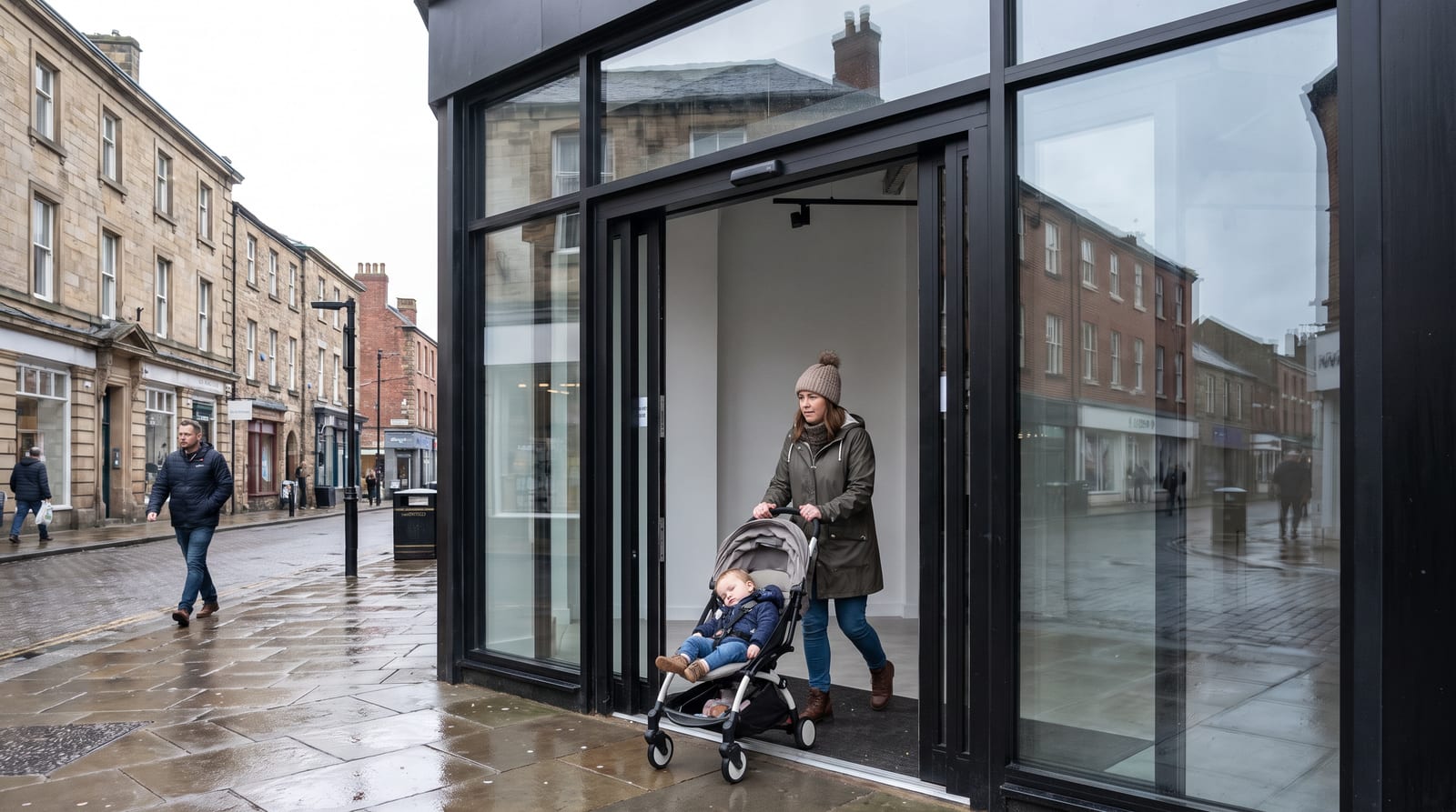 Automatic sliding glass doors open on a high street shop front, a woman with a pushchair walking through