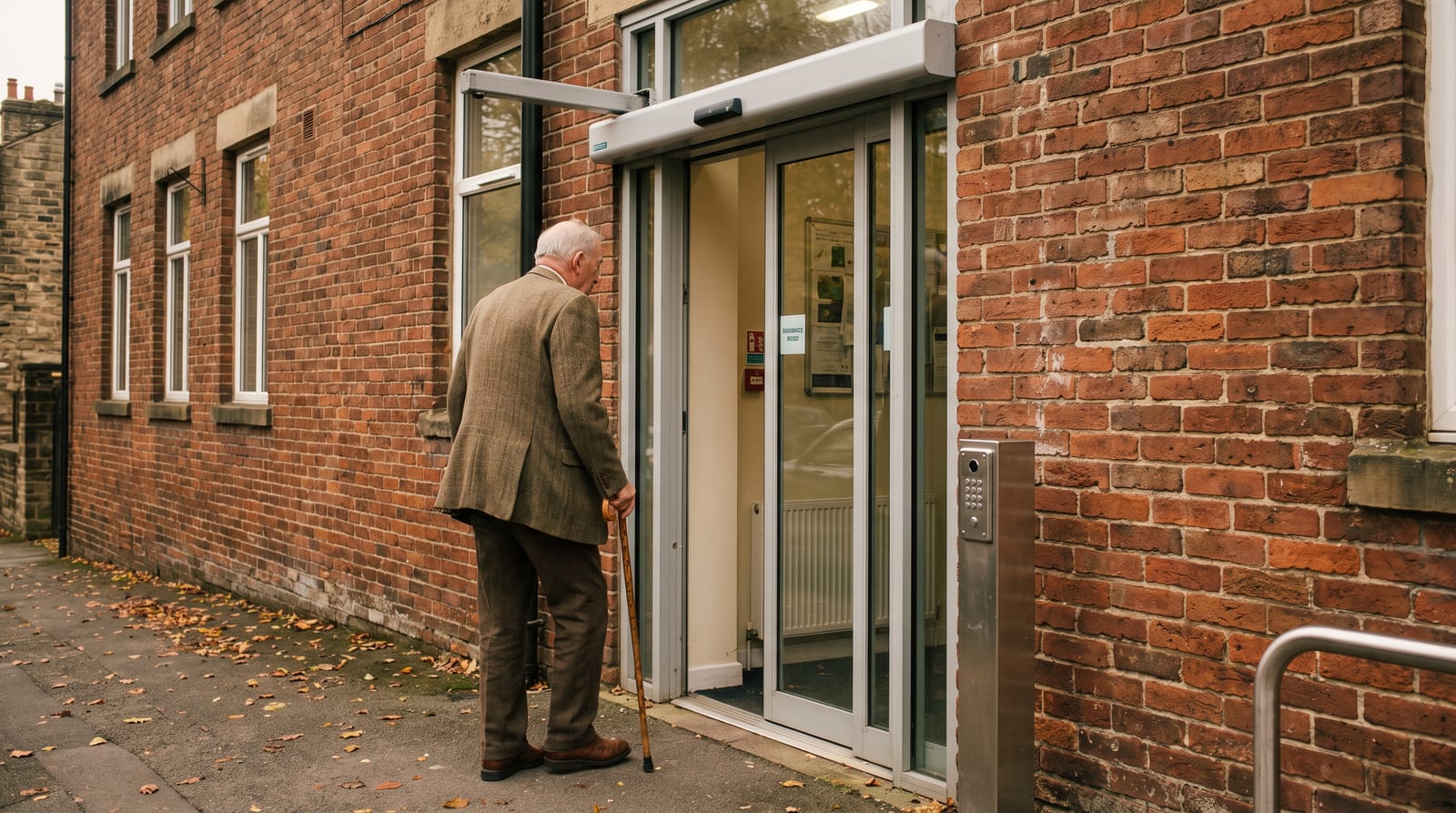 An automatic swing door with a top-mounted operator arm on a red brick community centre, an older man with a walking stick approaching