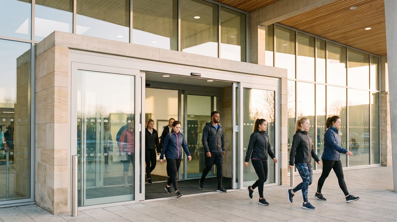 A wide telescopic automatic door at a leisure centre with glass panels stacked open to each side