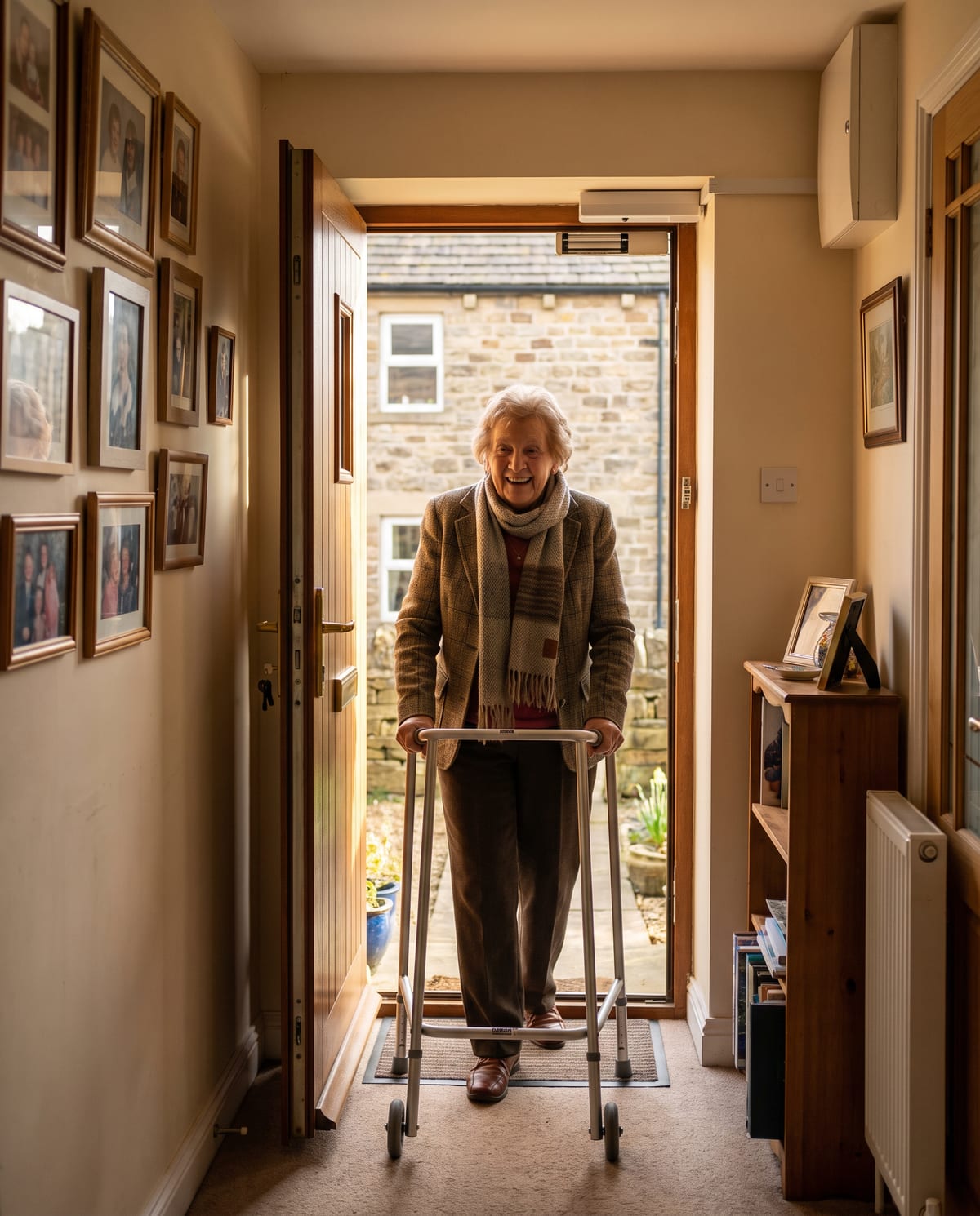 An older woman with a walking frame passing through her front door, which has opened for her, sunlight in the hallway