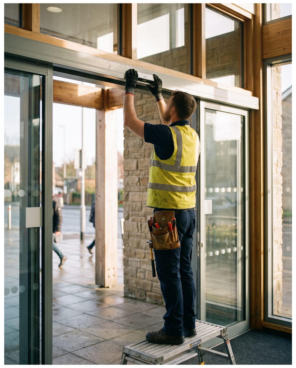 An engineer on a step platform adjusting the presence sensor above an open automatic sliding door at a health centre