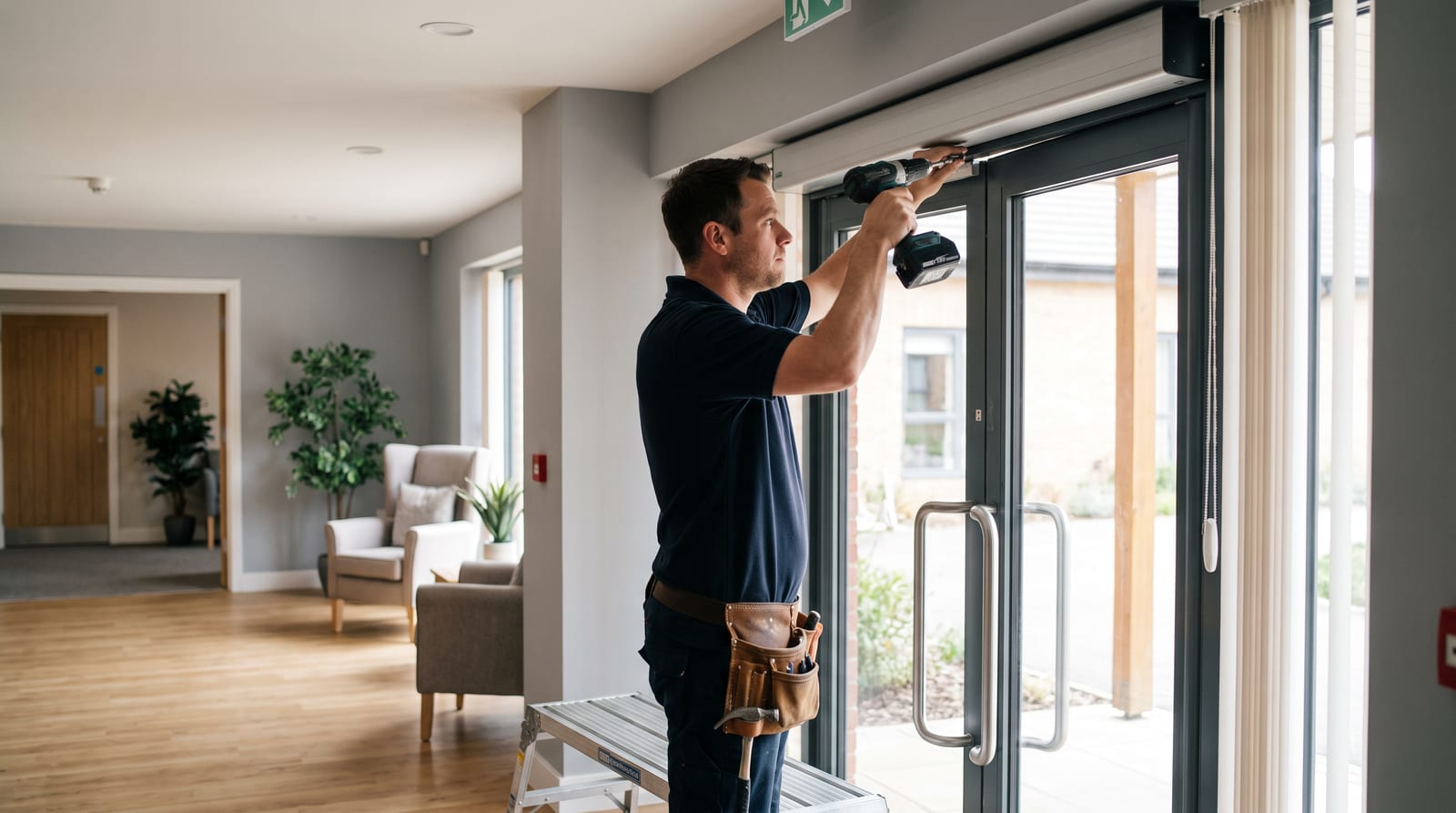 An engineer fitting a slim swing door operator above a glazed entrance door in a care home reception