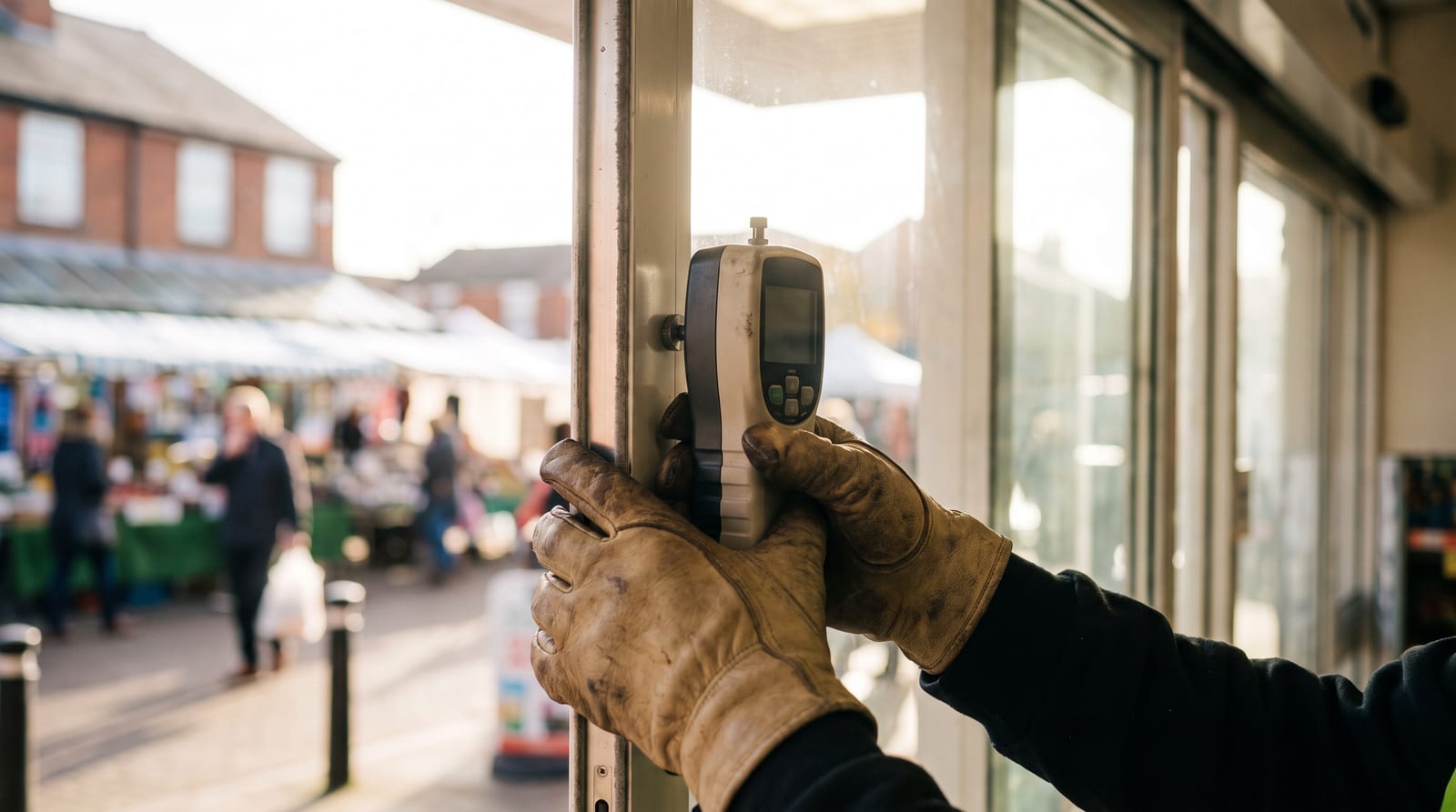 An engineer's hands holding a force gauge against the edge of an automatic sliding door
