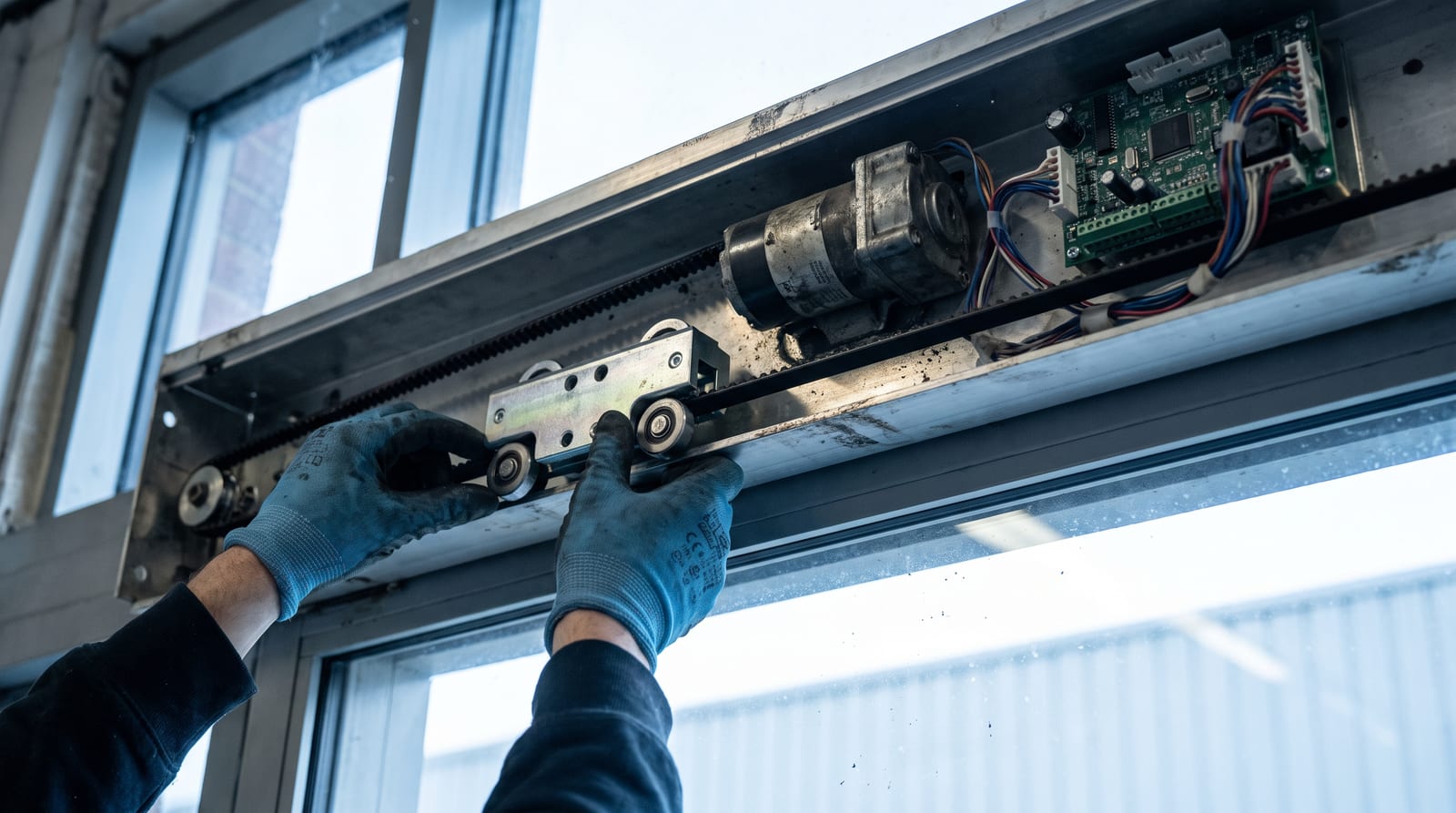 Inside an automatic sliding door header with the cover off, showing the motor, drive belt and roller carriages being replaced