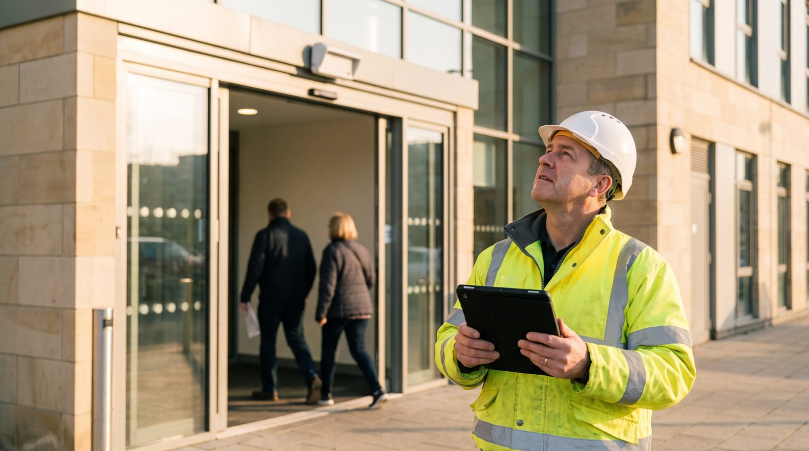 An engineer with a tablet looking up at the safety sensors above open automatic sliding doors at a health centre