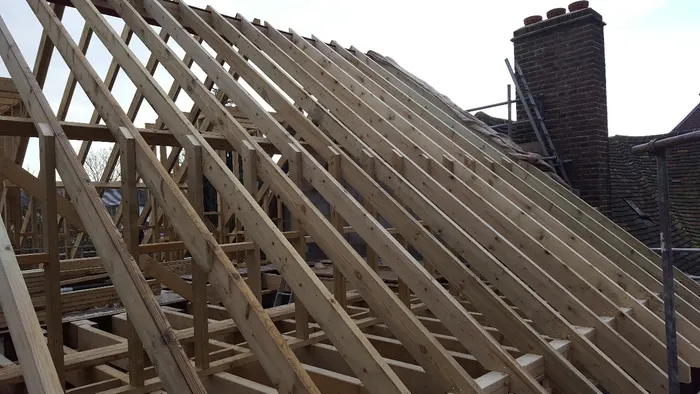 Roof structure carpentry, Beeches Avenue new build