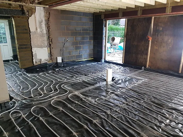 Underfloor heating coils on insulation