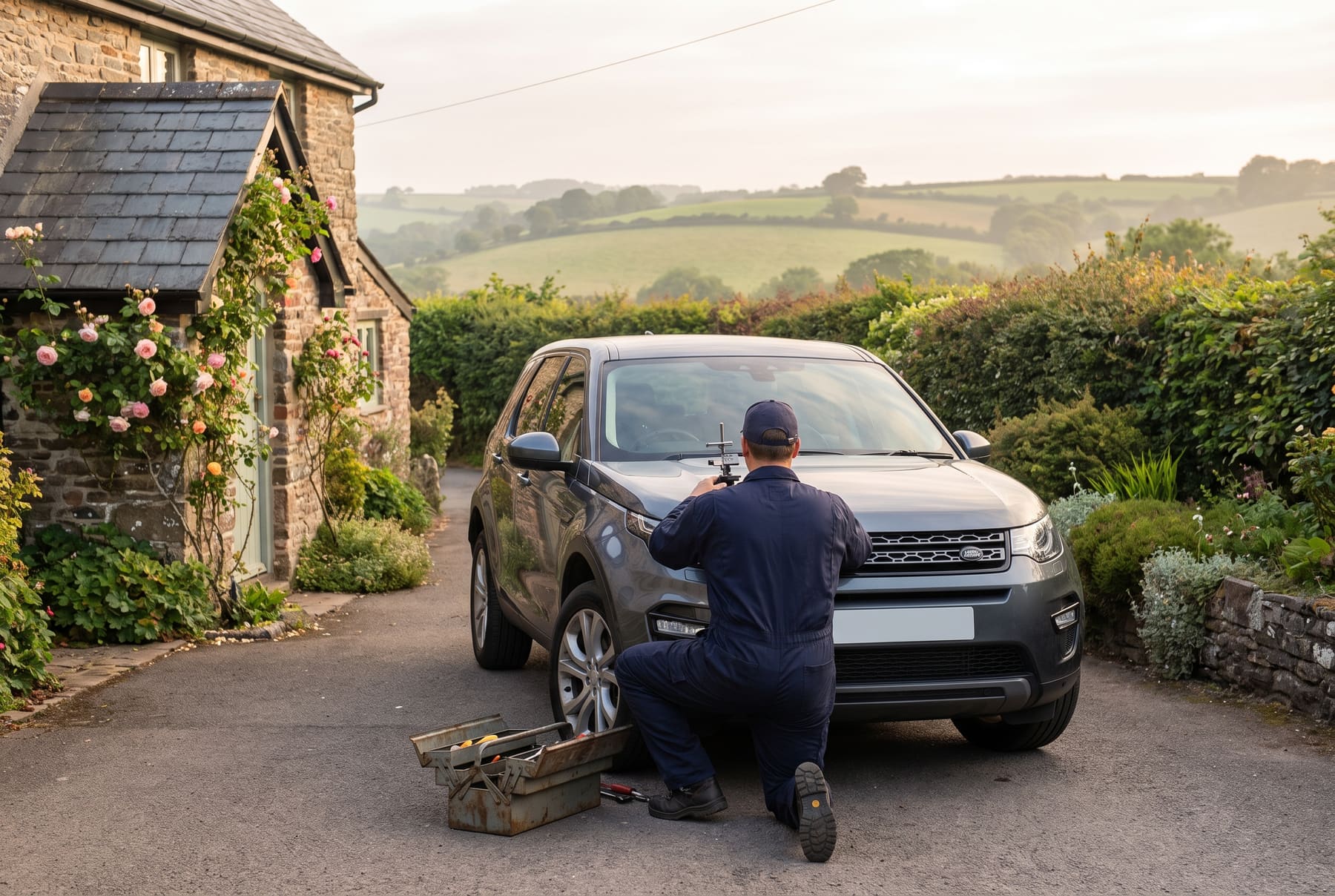 A technician repairing a windscreen chip on a driveway in the Devon countryside