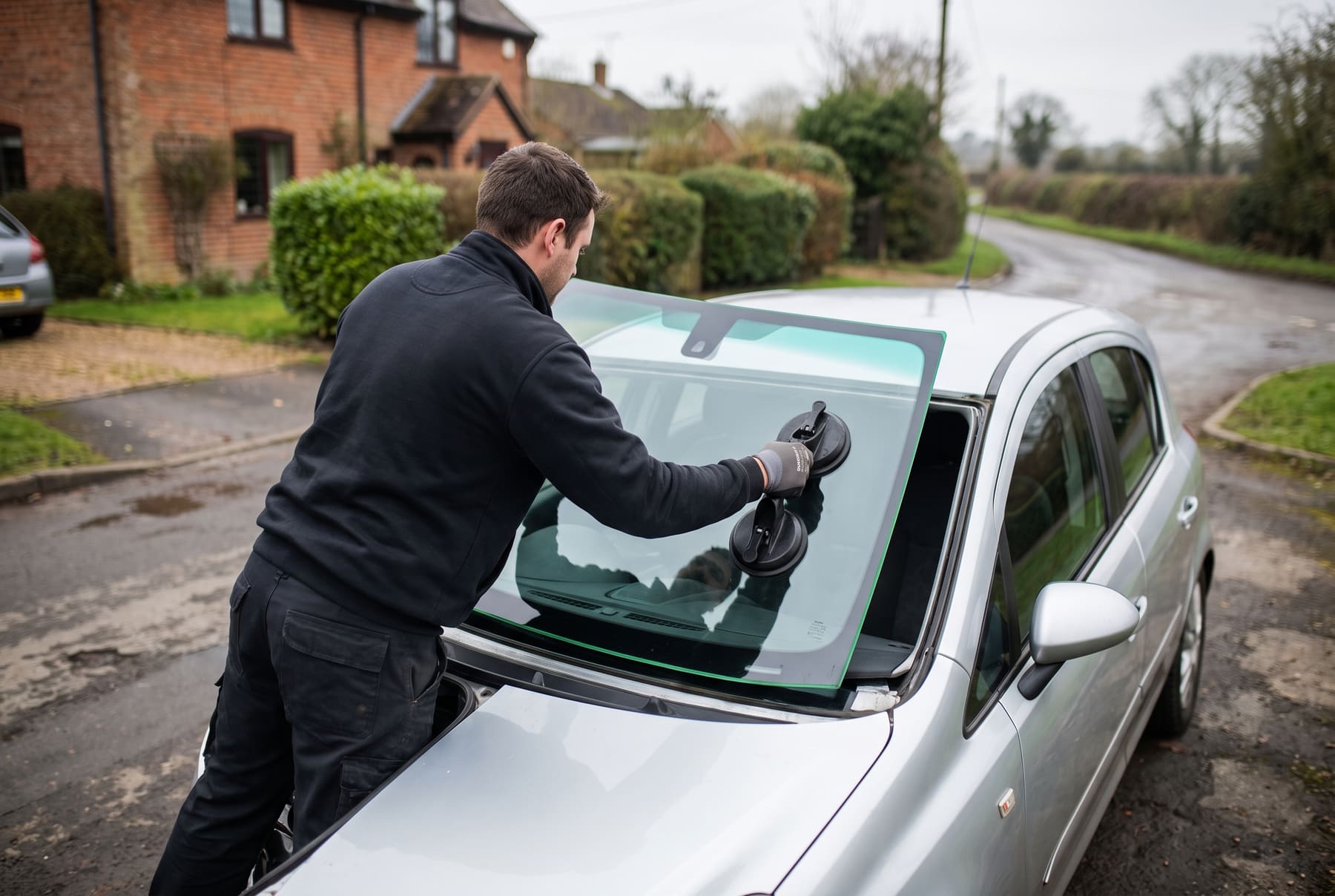 A new windscreen being lifted into place with suction cups