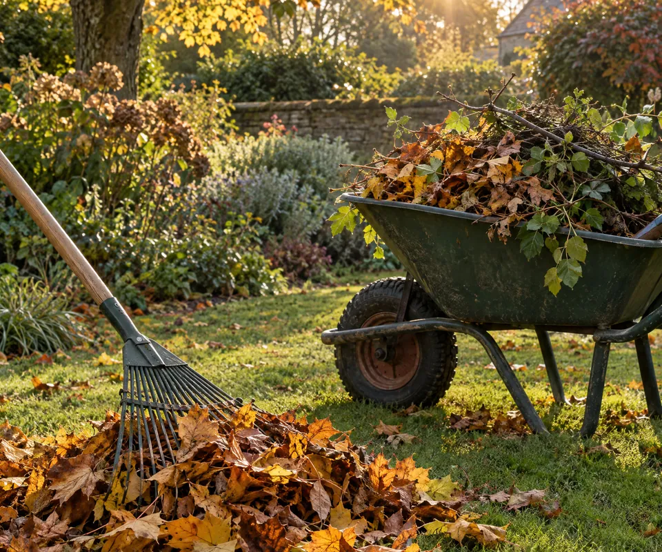 Raking autumn leaves into a pile beside a full wheelbarrow