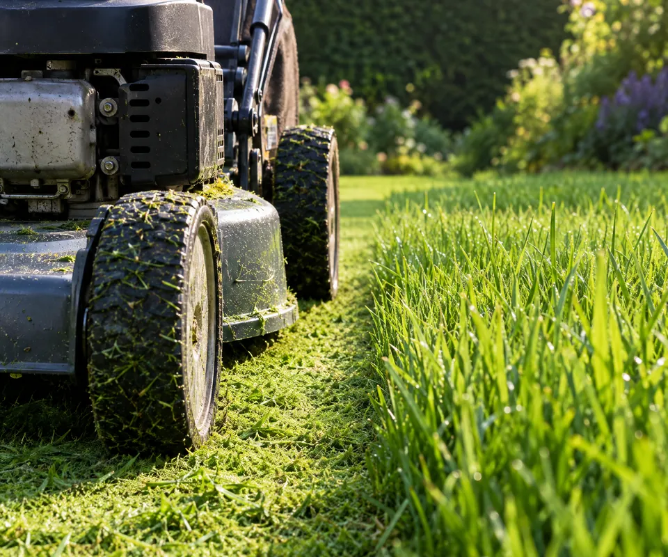 A mower cutting a fresh stripe into a lawn
