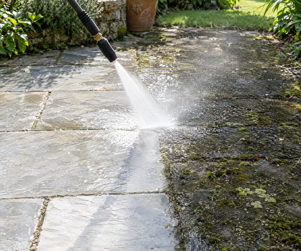 A pressure washer cleaning a stone patio, half clean and half still green