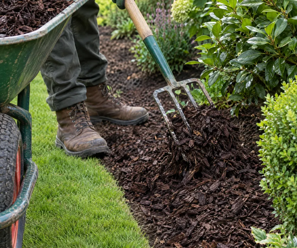 Spreading bark mulch onto a weeded border with a fork