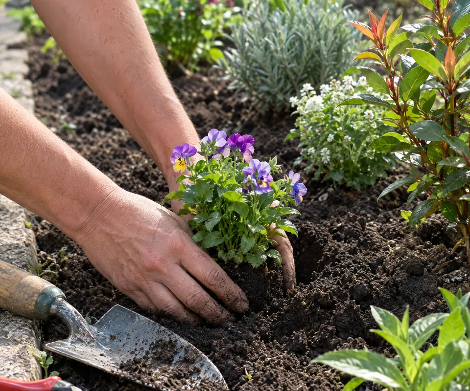 Hands planting a bedding plant into a fresh border