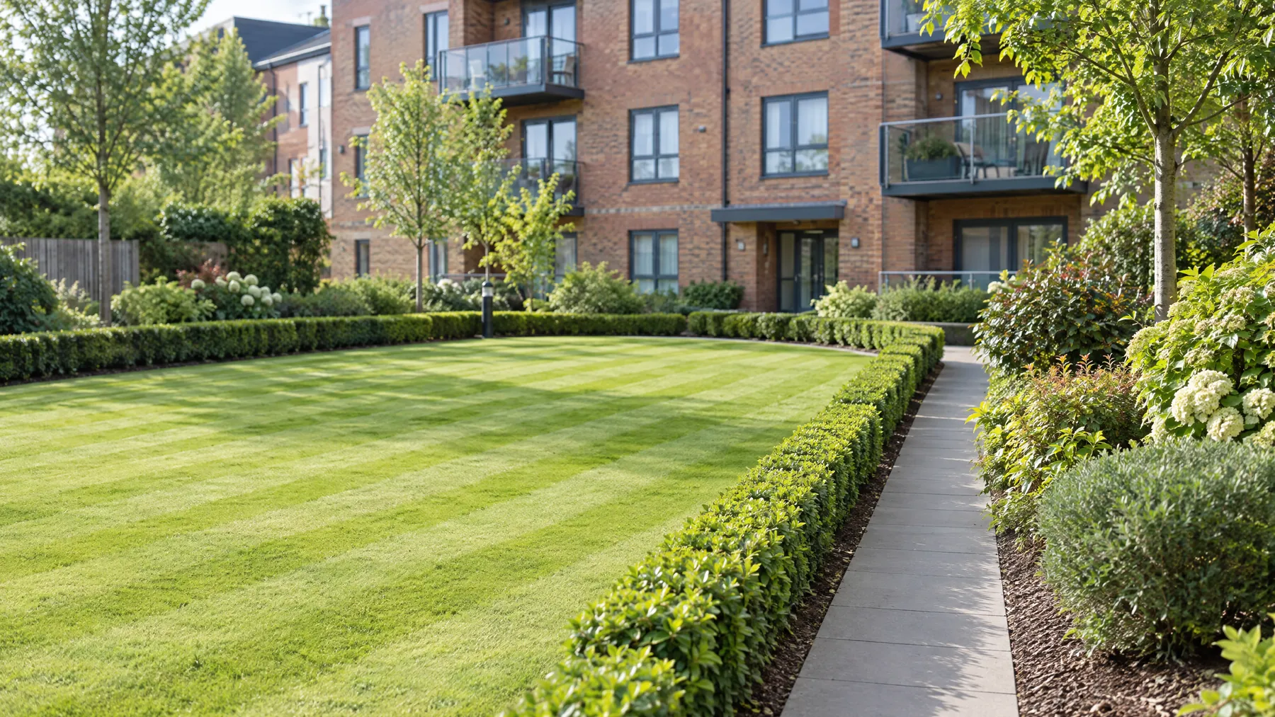 Neatly kept communal grounds outside a block of flats