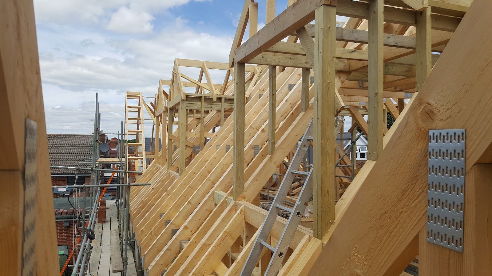 Cut roof timbers on a new build, seen from the scaffold