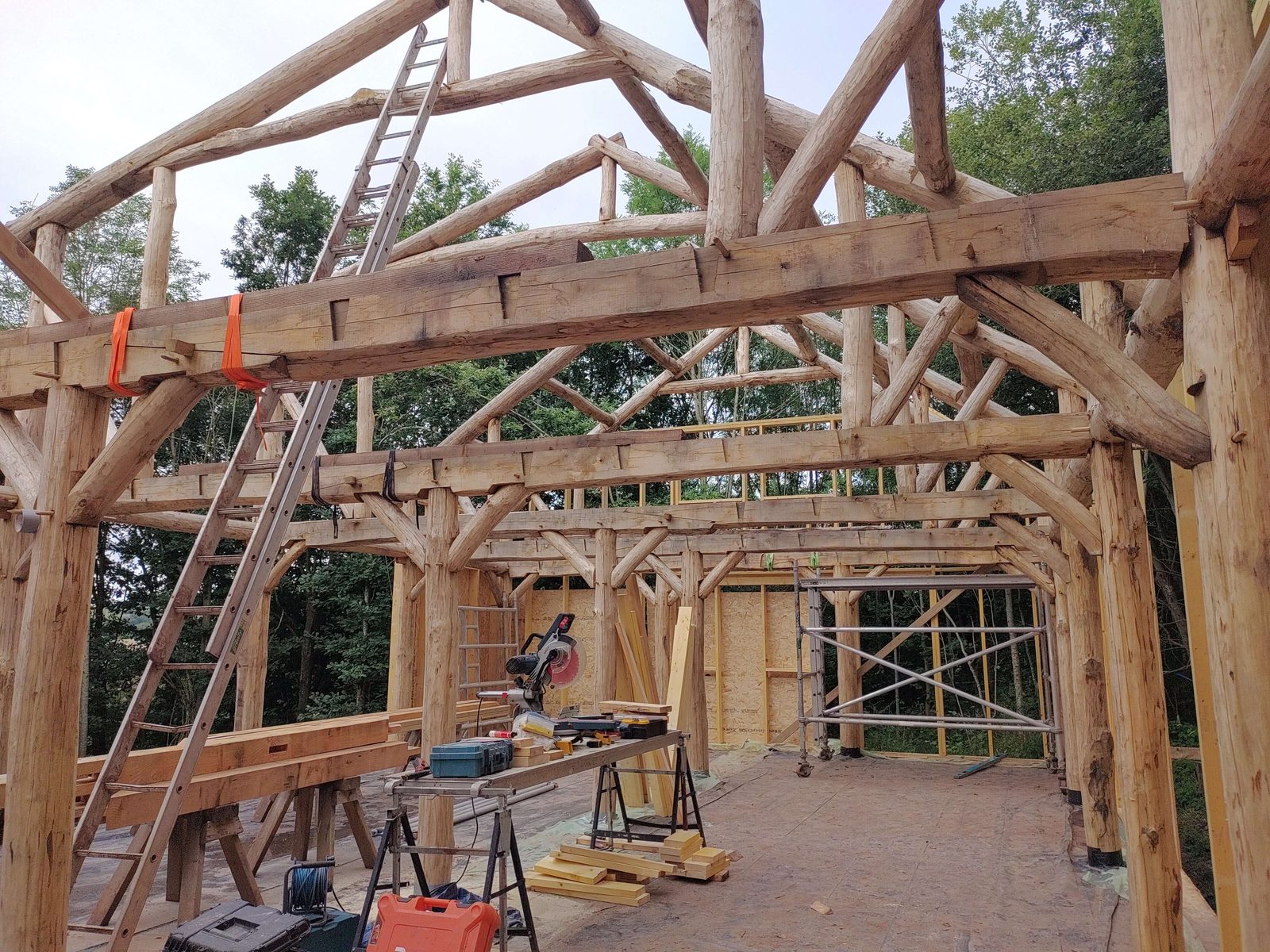 Roundpole barn frame with pegged joints, mid build
