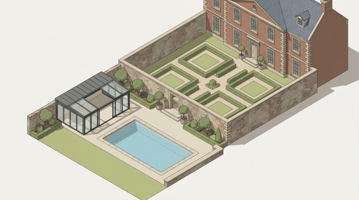 A formal English walled garden behind a Georgian manor house, with a traditional rectangular outdoor swimming pool visible and a glazed aluminium enclosure structure nearby, showing the relationship between listed architecture and a modern pool addition