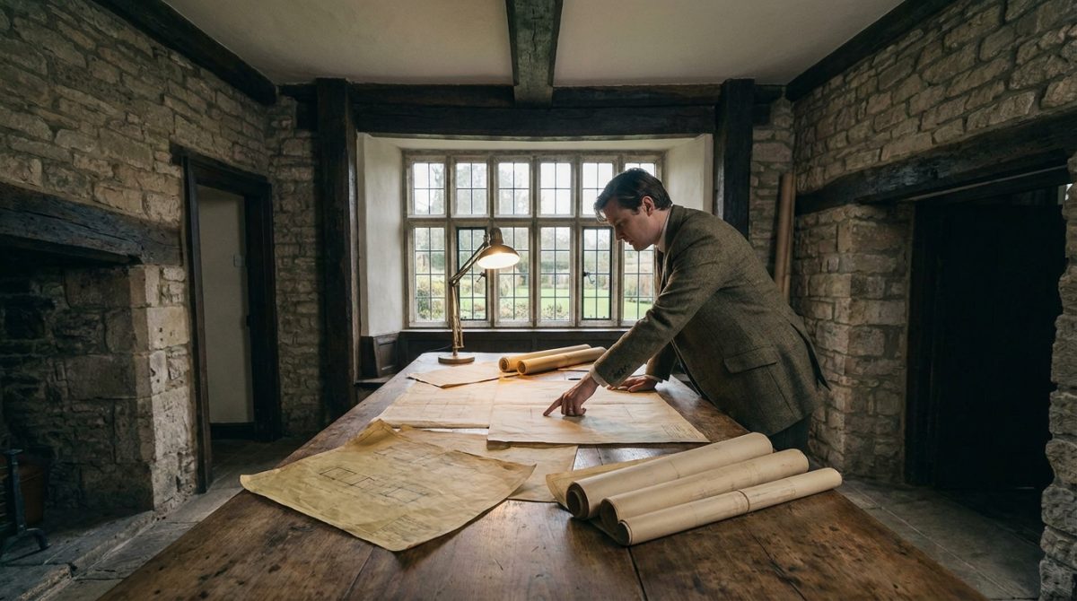 A conservation consultant examining original architectural drawings spread across a table at a Grade II listed manor house, with stone walls and original timber joinery visible in the background