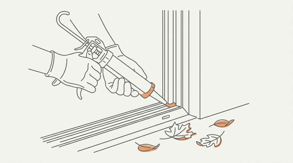 Close-up of a gloved hand pressing a silicone applicator gun into the mastic joint where an aluminium pool enclosure frame meets a house wall, with autumn leaves visible on the ground below