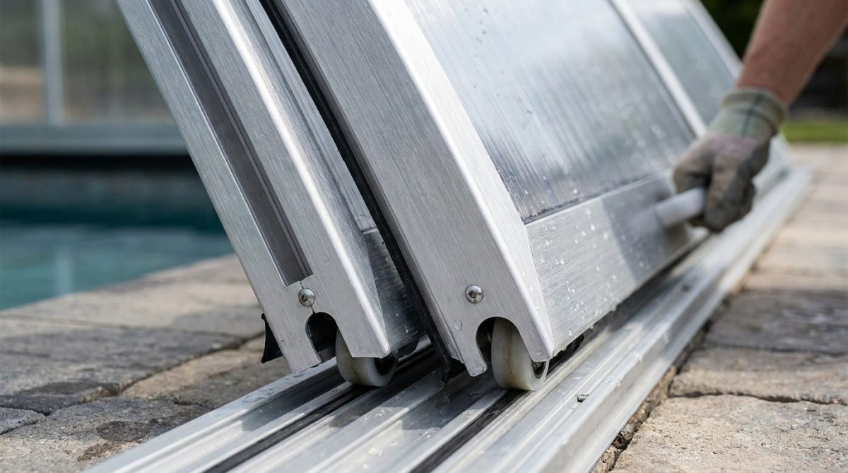 Aluminium retractable pool enclosure segments on wheeled base rails being pushed open by a person on a poolside deck, showing the telescoping arch structure mid-movement