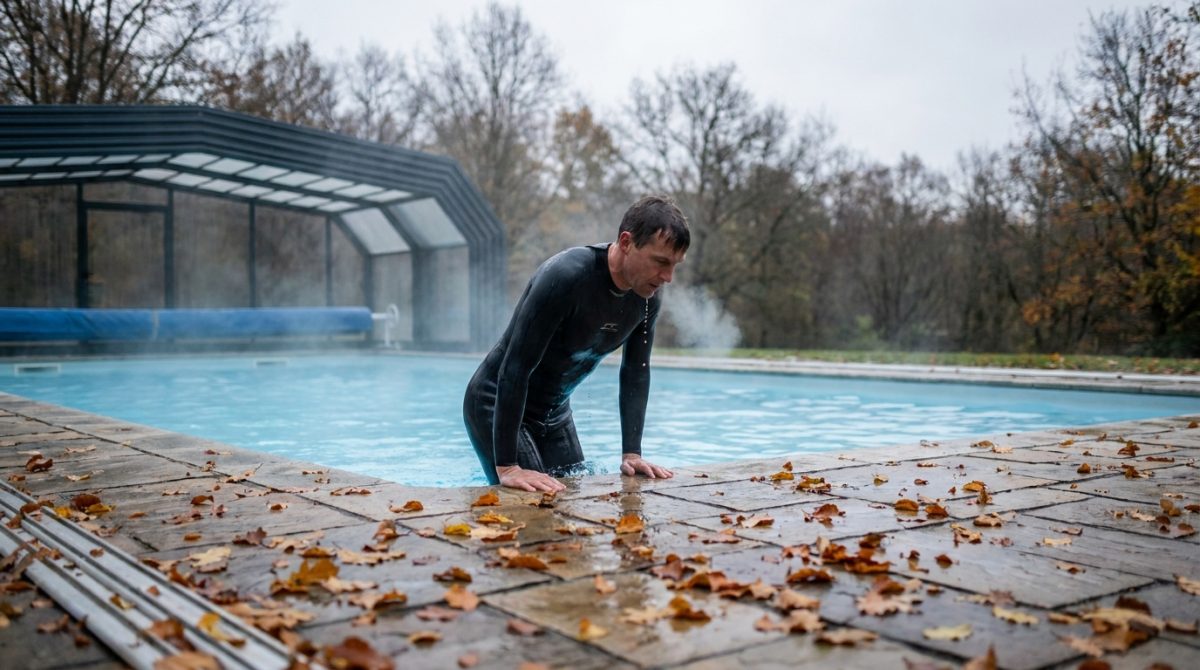 A swimmer climbing out of a heated outdoor pool on a cold autumn morning, breath visible in the air, surrounded by fallen leaves on the poolside