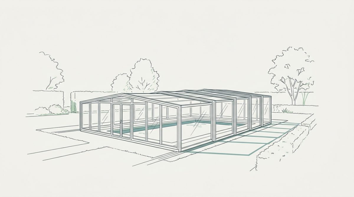 A low-profile telescopic aluminium pool enclosure closed over a rectangular residential swimming pool in a well-kept UK garden, showing the polycarbonate panels and slim aluminium frame in afternoon light