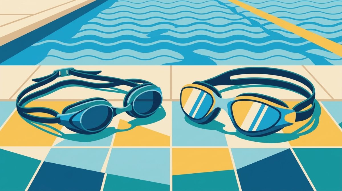 Close-up of two pairs of goggles side by side on a poolside surface, one narrow racing goggle and one wide-lens open water goggle with mirrored lenses