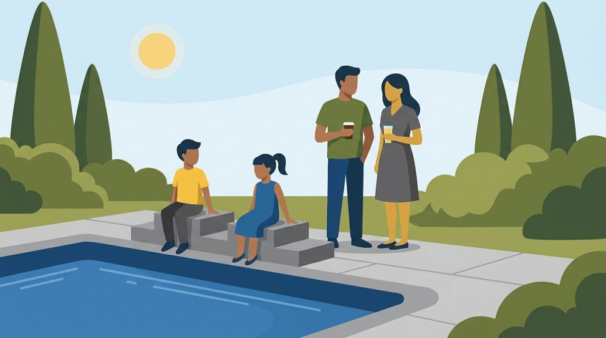 A family gathered around the edge of a bespoke composite swimming pool in a landscaped UK garden on a summer afternoon, children sitting on the coping steps while adults stand nearby holding drinks