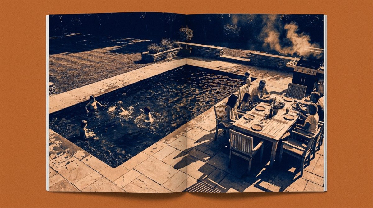 A family barbecue in a UK garden with a rectangular composite swimming pool as the centrepiece, children in the water and adults seated at an outdoor dining table on a stone terrace