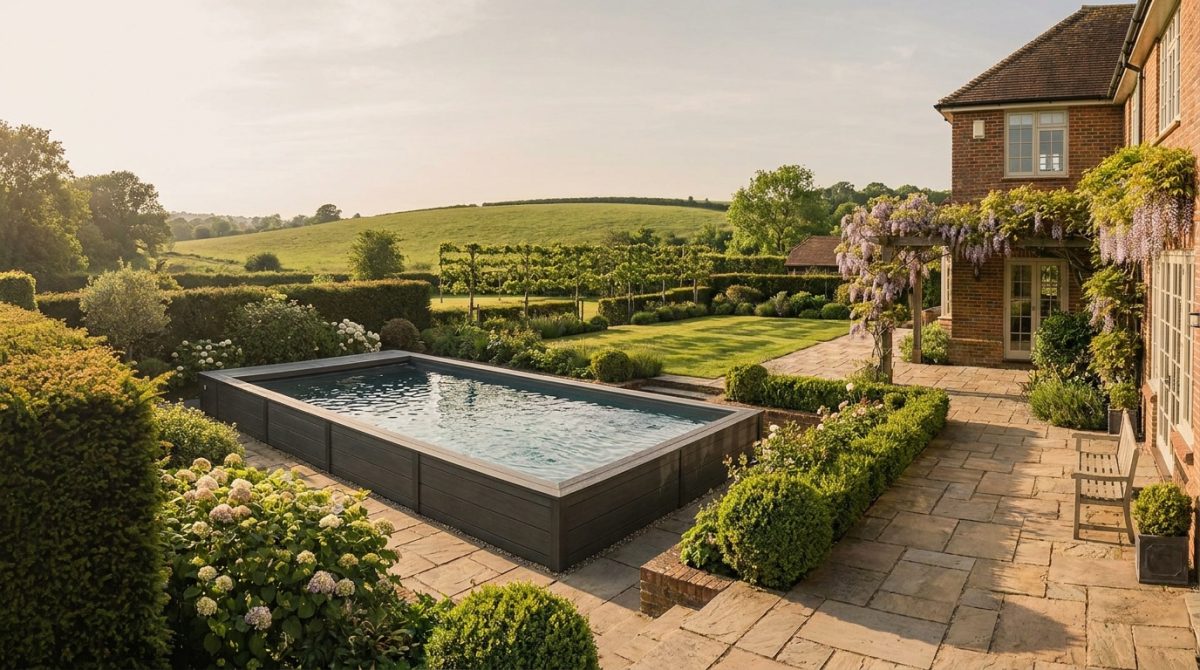 A UK residential garden showing a premium composite swimming pool in a manicured setting on a sunny afternoon, viewed from the patio of a large detached house