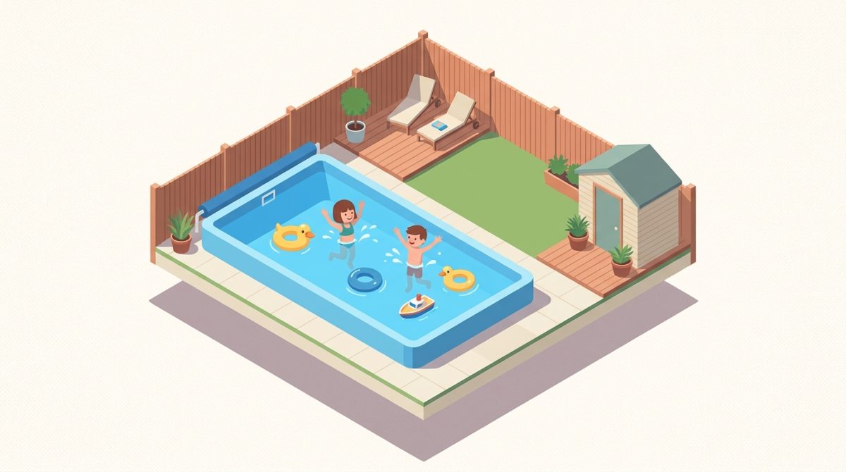 Two young children splashing and laughing in a bright blue residential fibreglass pool in a UK back garden on a sunny summer day, with pool toys floating on the surface